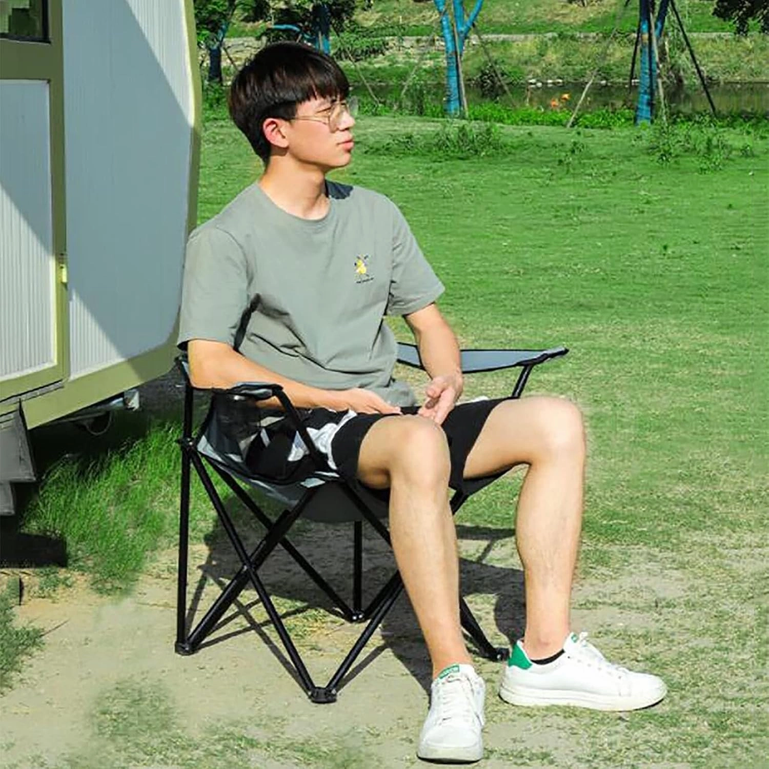 Folding Lawn Chair Folding Camping Chairs with Steel, Portable Camp and Sports Chair Heavy Duty for Adults Folding Chair(B)