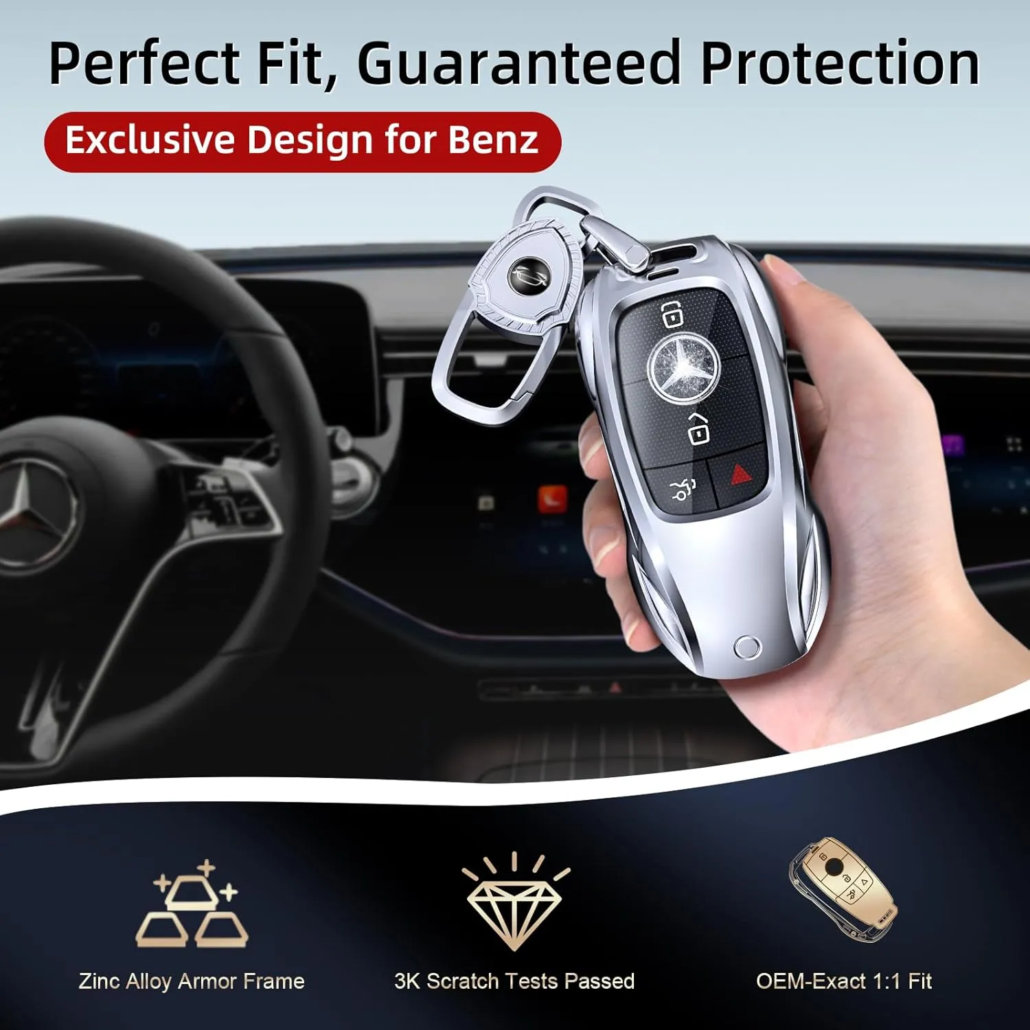 for Benz Key Fob Cover,Fit A B C E G S R Class SL SLC CLS CLA GLB GLC GLE GLS AMG CLK ML SLK Key Case Shell (Fashion Silver，for Benz-A)
