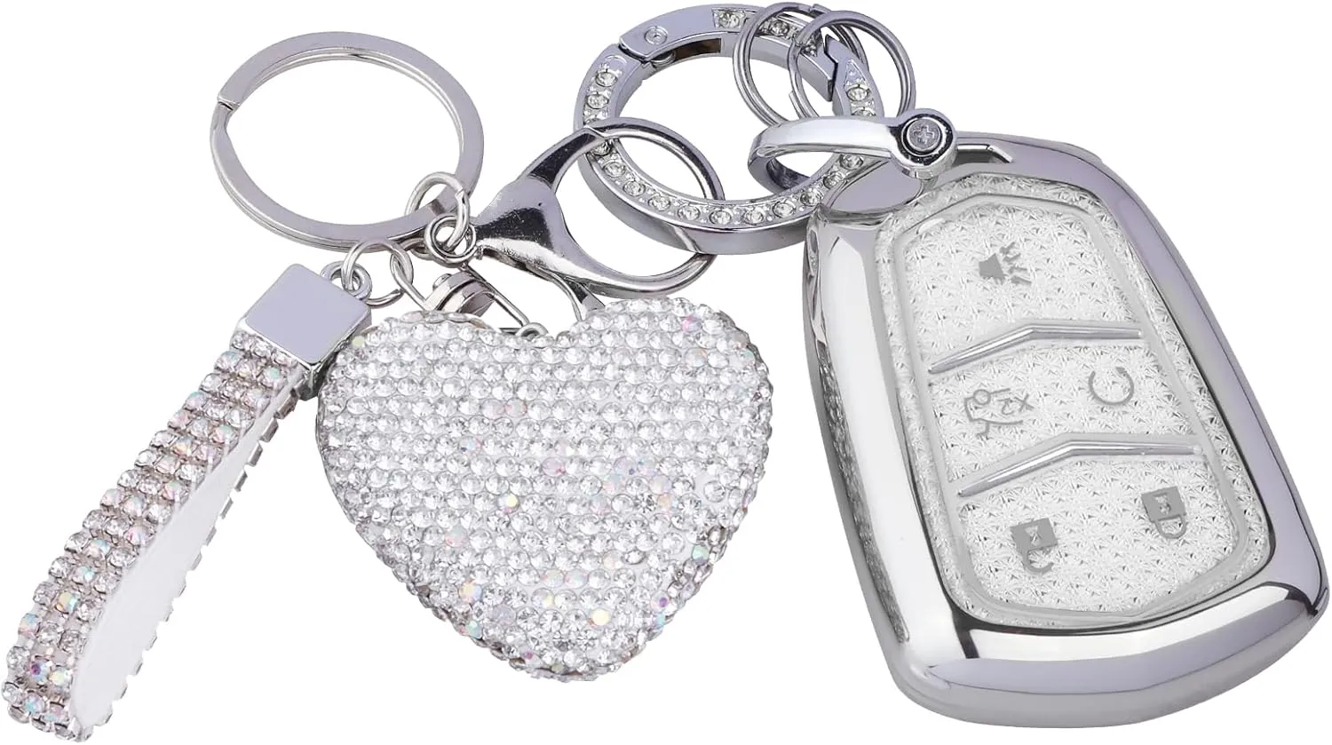 for Cadillac key fob cover with Diamond Bling Keychain, Car Accessories Key Shell Full Protection for Cadillac Escalade SRX CTS CT6 XTS XT5 XT6 XT4 ATS Smart Keys Case,Silver Clear