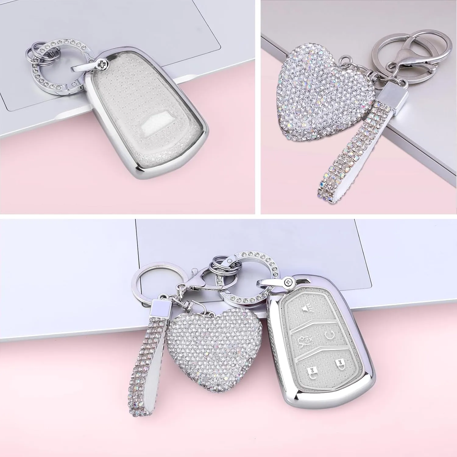 for Cadillac key fob cover with Diamond Bling Keychain, Car Accessories Key Shell Full Protection for Cadillac Escalade SRX CTS CT6 XTS XT5 XT6 XT4 ATS Smart Keys Case,Silver Clear
