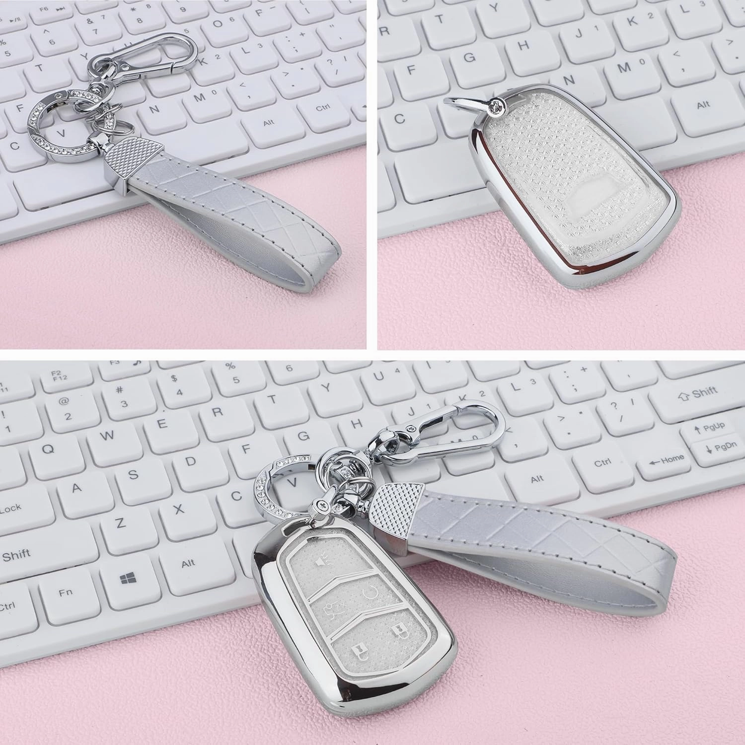 for Cadillac Key Fob Cover, Soft TPU Keys Protector Bling Key Fob Keychain for Cadillac SRX CTS CT6 XTS XT5 XT6 XT4 ATS Accessories Smart Keys, Silver Clear