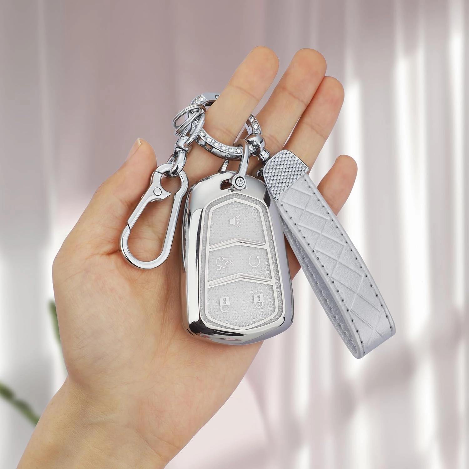 for Cadillac Key Fob Cover, Soft TPU Keys Protector Bling Key Fob Keychain for Cadillac SRX CTS CT6 XTS XT5 XT6 XT4 ATS Accessories Smart Keys, Silver Clear