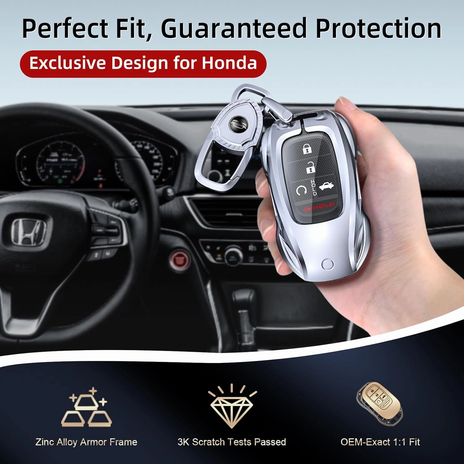 for Honda Key fob Cover with Keychain,2016-2022 2023 2024 2025 Civic Accord HR-V Pilot CR-V, Silicone,Ridgeline Car Key Fob Case Holder (Classic Black，For Honda-B)