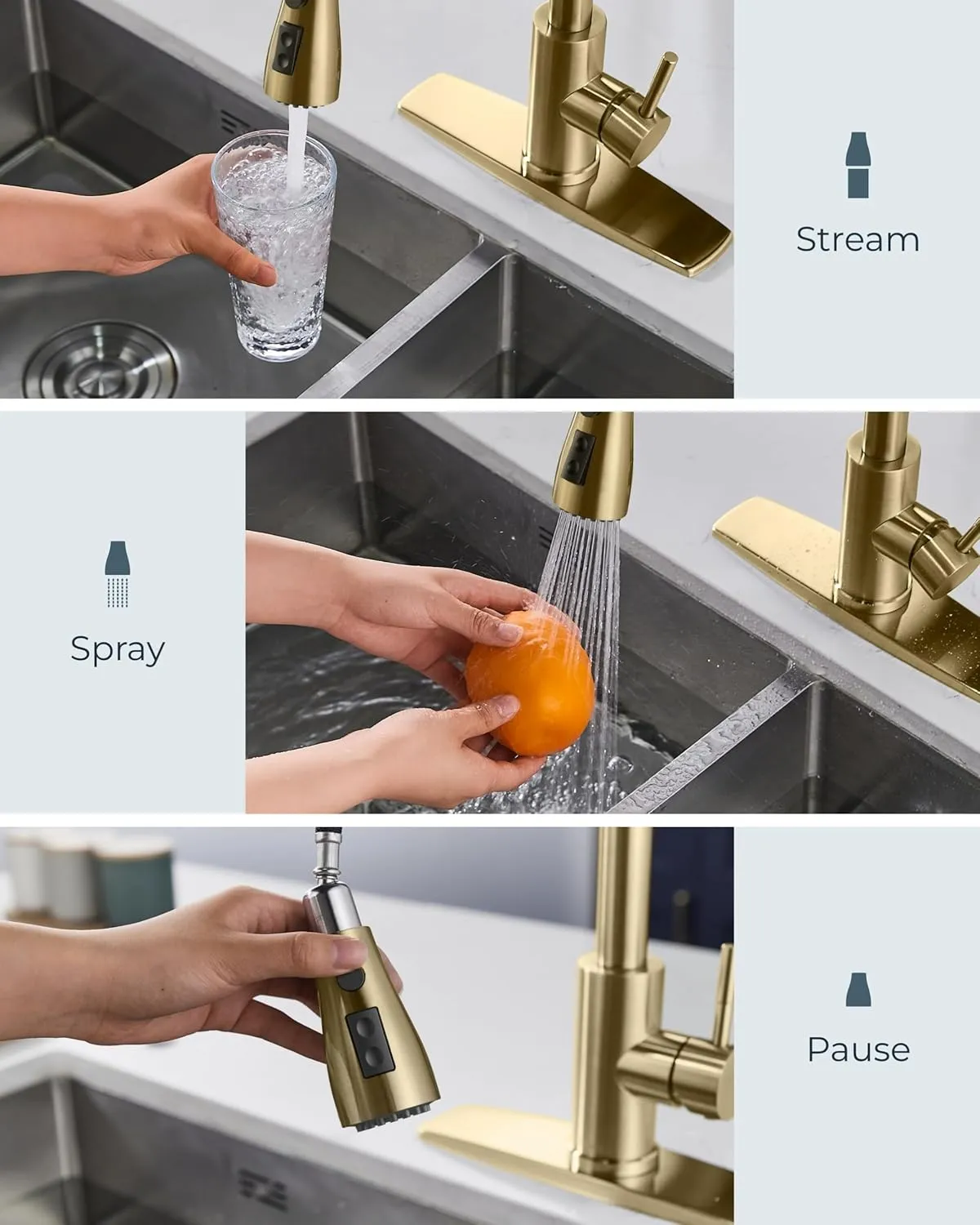 FORIOUS Gold Kitchen Faucet with Soap Dispenser and Pull Down Sprayer, High Arc Single Handle Classic 3 Modes Stainless Steel Faucet for Kitchen Sink Farmhouse RV Bar Laundry Camper