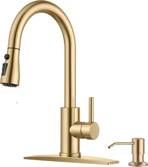 FORIOUS Gold Kitchen Faucet with Soap Dispenser and Pull Down Sprayer, High Arc Single Handle Classic 3 Modes Stainless Steel Faucet for Kitchen Sink Farmhouse RV Bar Laundry Camper