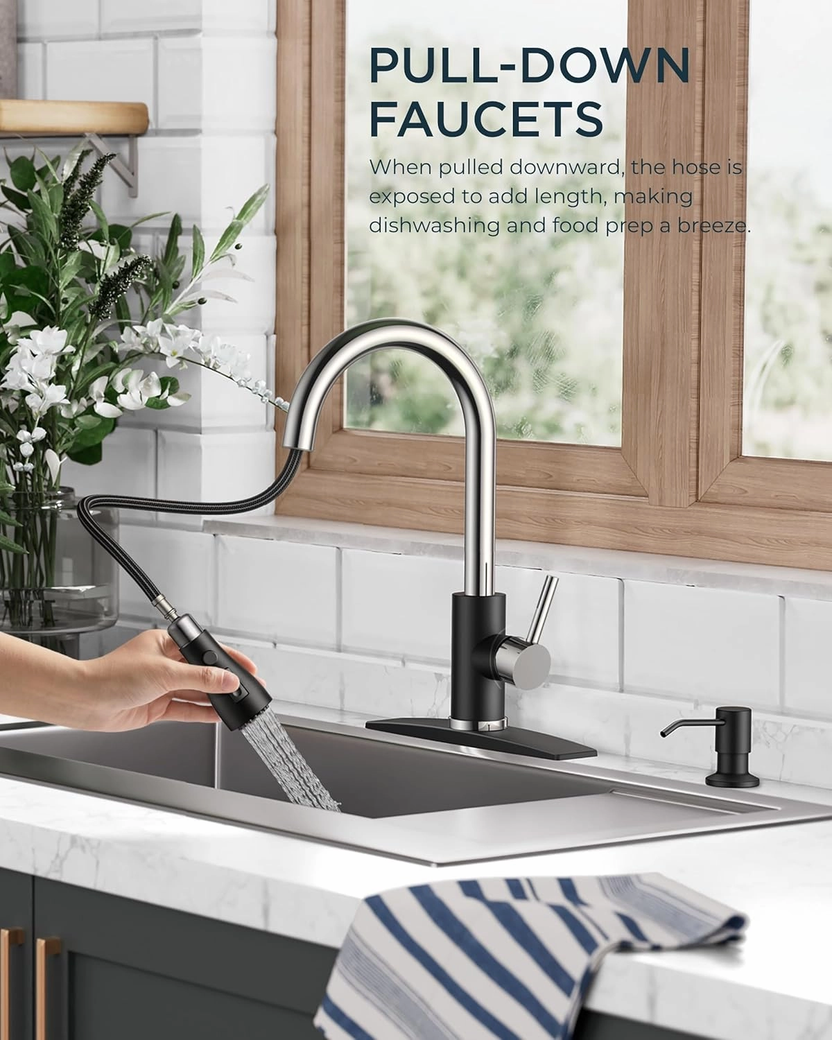 FORIOUS Kitchen Faucets with Soap Dispenser and Pull Down Sprayer, High Arc Single Handle Classic 3 Modes Stainless Steel Faucet for Kitchen Sink Farmhouse RV Bar Laundry Camper, Black Chrome