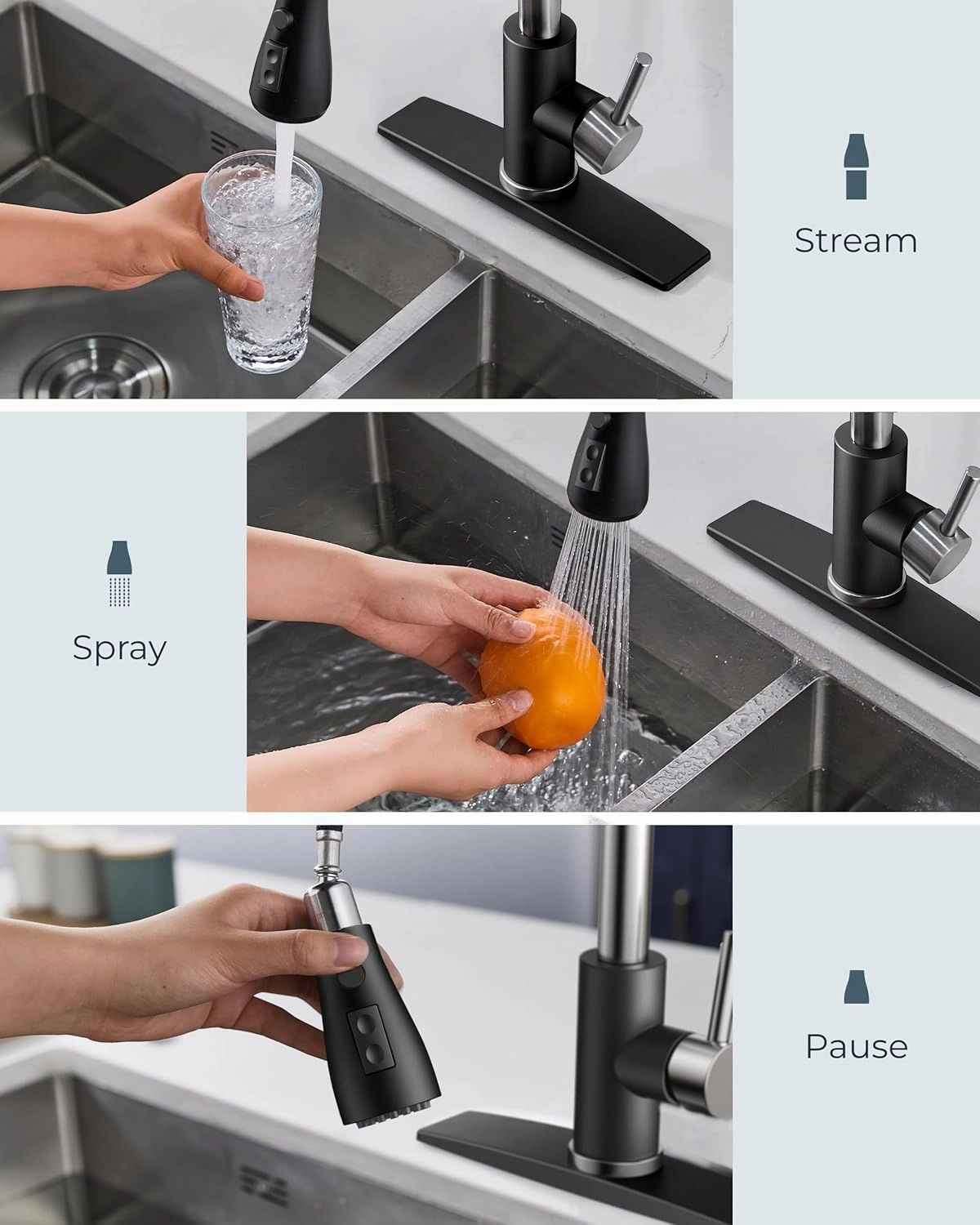 FORIOUS Kitchen Faucets with Soap Dispenser and Pull Down Sprayer, High Arc Single Handle Classic 3 Modes Stainless Steel Faucet for Kitchen Sink Farmhouse RV Bar Laundry Camper, Black Chrome