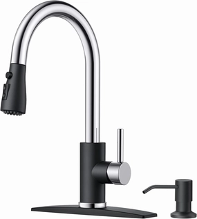 FORIOUS Kitchen Faucets with Soap Dispenser and Pull Down Sprayer, High Arc Single Handle Classic 3 Modes Stainless Steel Faucet for Kitchen Sink Farmhouse RV Bar Laundry Camper, Black Chrome