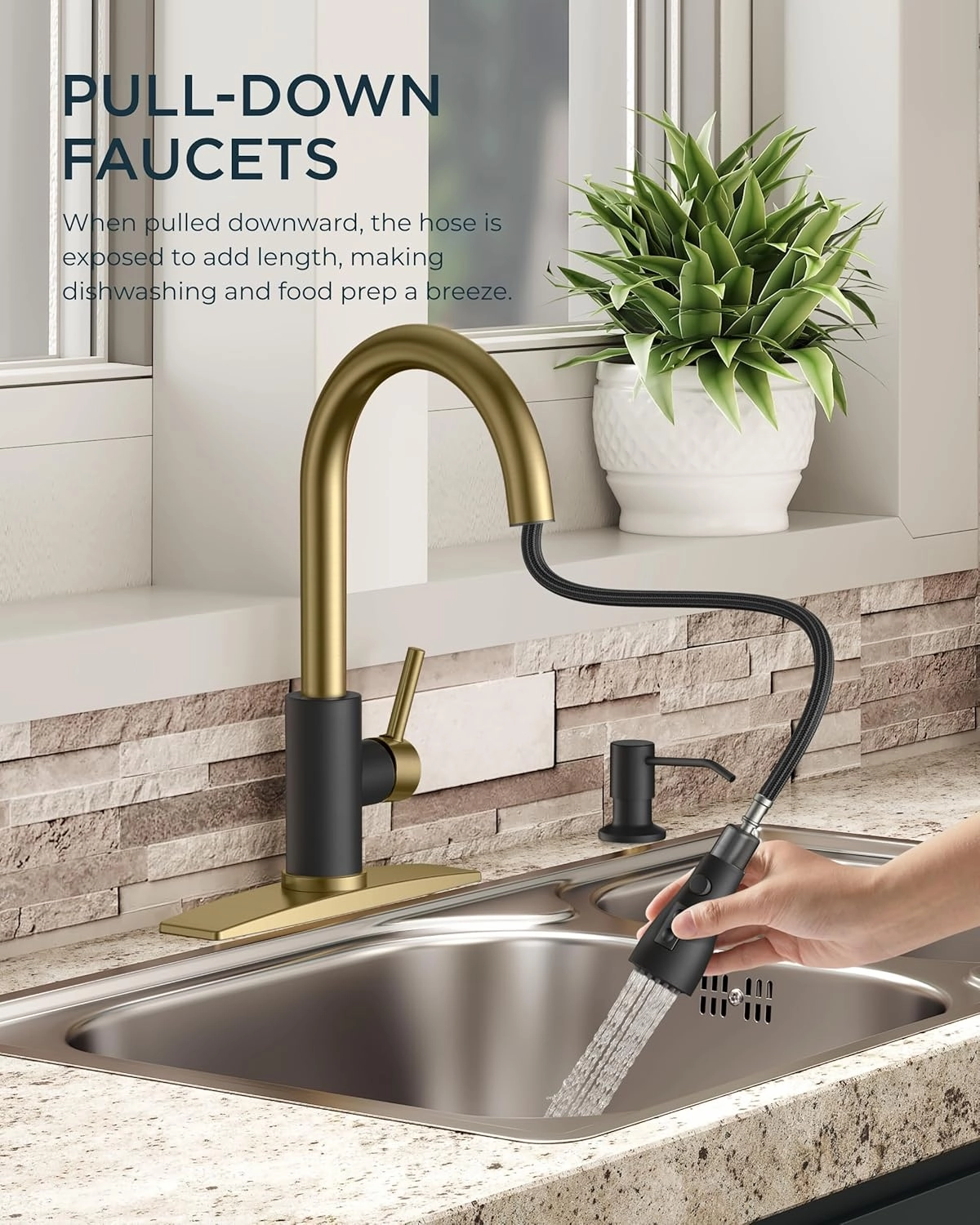 FORIOUS Kitchen Faucets with Soap Dispenser and Pull Down Sprayer, High Arc Single Handle Classic 3 Modes Stainless Steel Faucet for Kitchen Sink Farmhouse RV Bar Laundry Camper, Black Gold