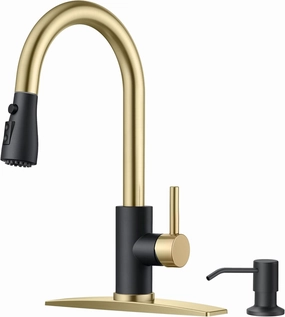 FORIOUS Kitchen Faucets with Soap Dispenser and Pull Down Sprayer, High Arc Single Handle Classic 3 Modes Stainless Steel Faucet for Kitchen Sink Farmhouse RV Bar Laundry Camper, Black Gold