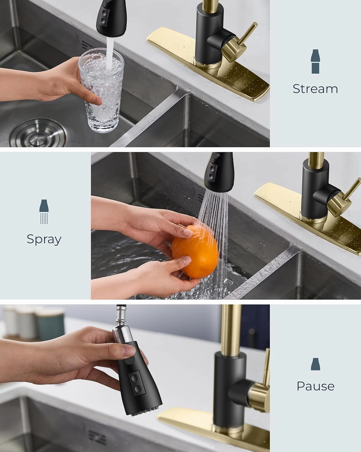 FORIOUS Kitchen Faucets with Soap Dispenser and Pull Down Sprayer, High Arc Single Handle Classic 3 Modes Stainless Steel Faucet for Kitchen Sink Farmhouse RV Bar Laundry Camper, Black Gold
