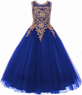 Formal Little Girls Long Pageant Dresses Prom Ball Gown Gold Lace Burgundy Tulle