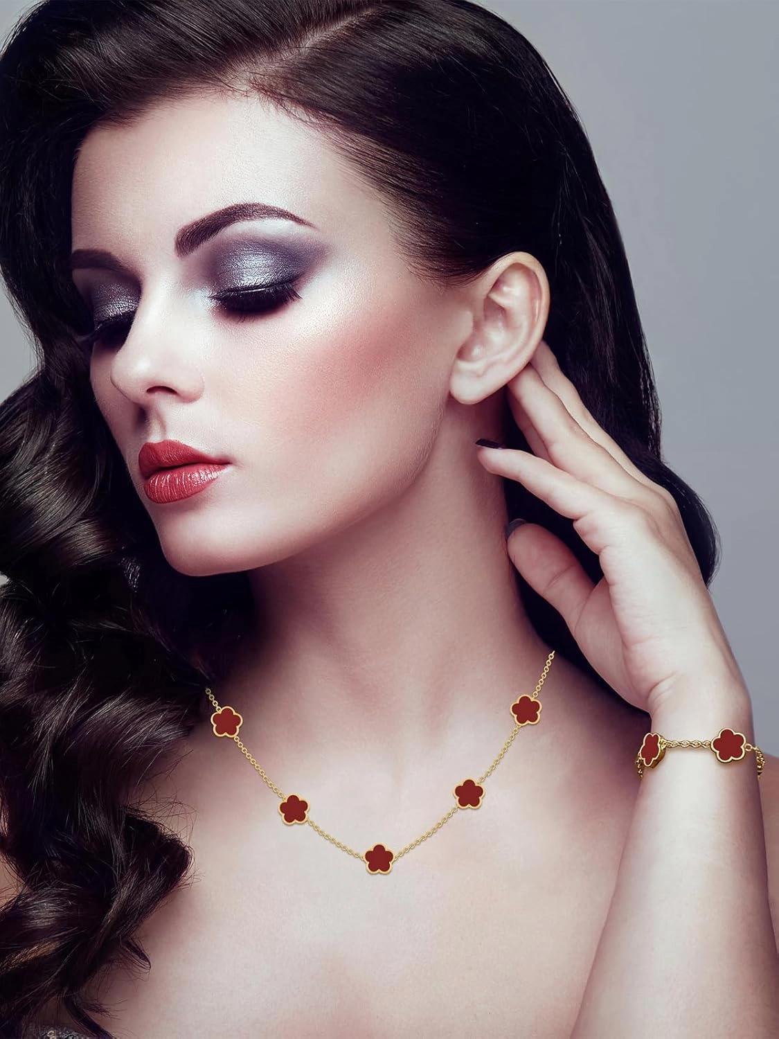 Four Leaf Clover Necklace and Bracelet Set for Women Lucky Flower 14K Gold Plated Jewelry