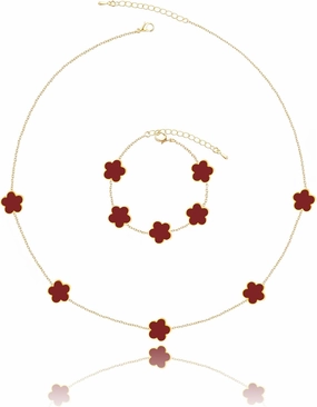 Four Leaf Clover Necklace and Bracelet Set for Women Lucky Flower 14K Gold Plated Jewelry