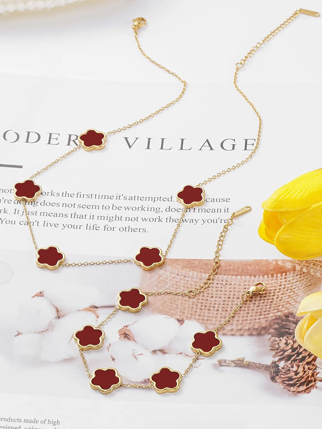 Four Leaf Clover Necklace and Bracelet Set for Women Lucky Flower 14K Gold Plated Jewelry
