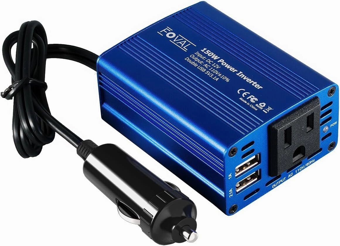 FOVAL 150W Car Power Inverter 12V DC to 110V AC Converter Vehicle Adapter Plug Outlet with 3.1A Dual USB Car Charger for Laptop Computer (Classic Blue)