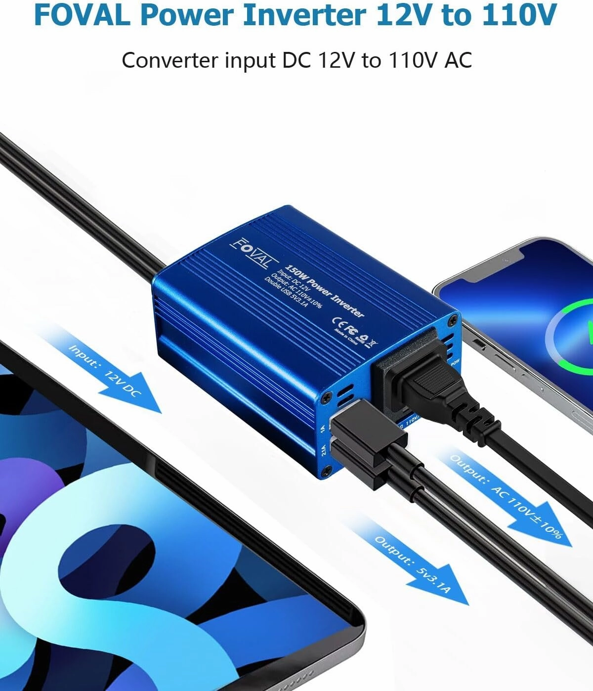 FOVAL 150W Car Power Inverter 12V DC to 110V AC Converter Vehicle Adapter Plug Outlet with 3.1A Dual USB Car Charger for Laptop Computer (Classic Blue)