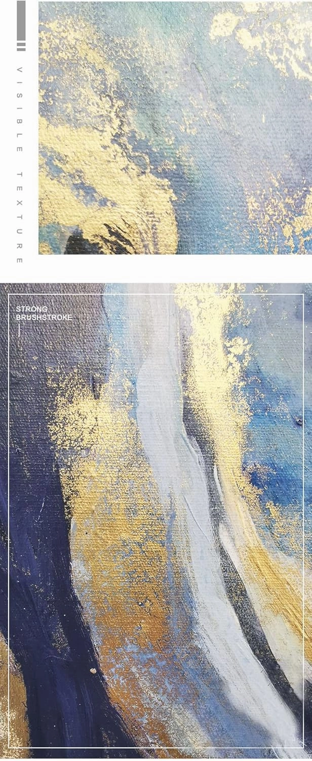 Framed Gold And Blue Abstract Canvas Wall Art For Living Room-3 Pieces Blue River and Mountain Oil Painting For Bedroom-Large Gold Wall Decor for Office Kitchen 24x48 inches Ready To Hang