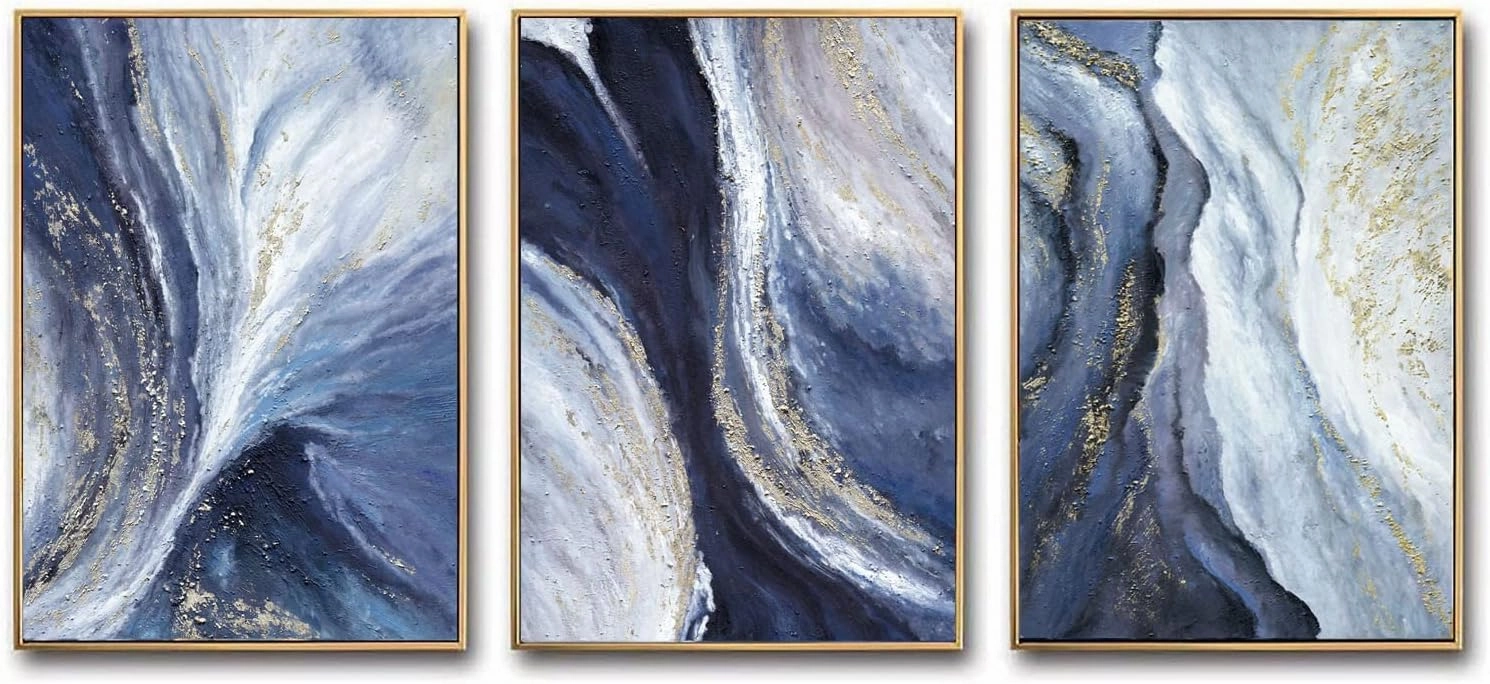 Framed Gold And Blue Abstract Canvas Wall Art For Living Room-3 Pieces Blue River and Mountain Oil Painting For Bedroom-Large Gold Wall Decor for Office Kitchen 24x48 inches Ready To Hang