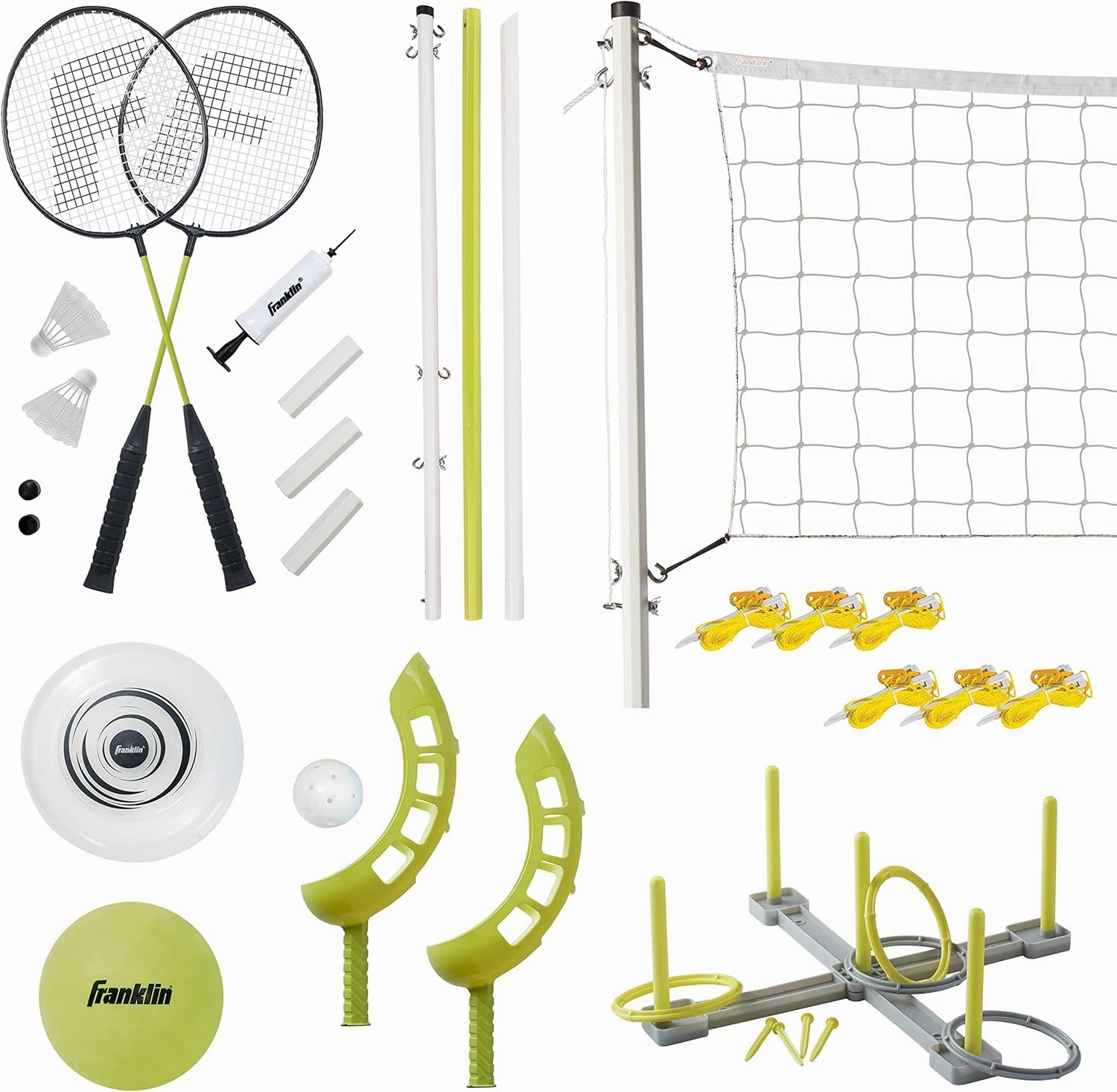 Franklin Sports Fun 5 Combo Outdoor Game Set - Backyard, Beach   Camping Games for Kids - Badminton, Volleyball, Flip Toss, Flying Disc - Horseshoes or Ring Toss