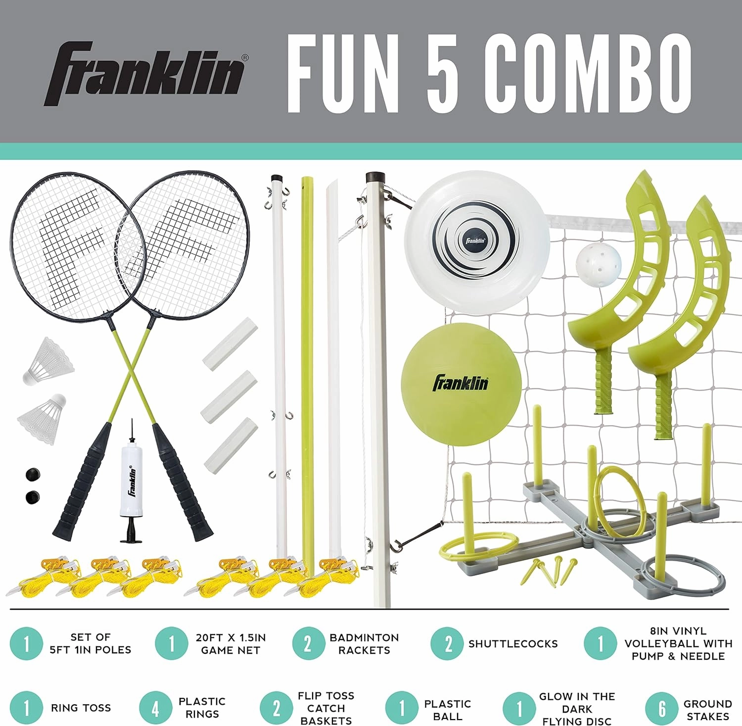 Franklin Sports Fun 5 Combo Outdoor Game Set - Backyard, Beach   Camping Games for Kids - Badminton, Volleyball, Flip Toss, Flying Disc - Horseshoes or Ring Toss