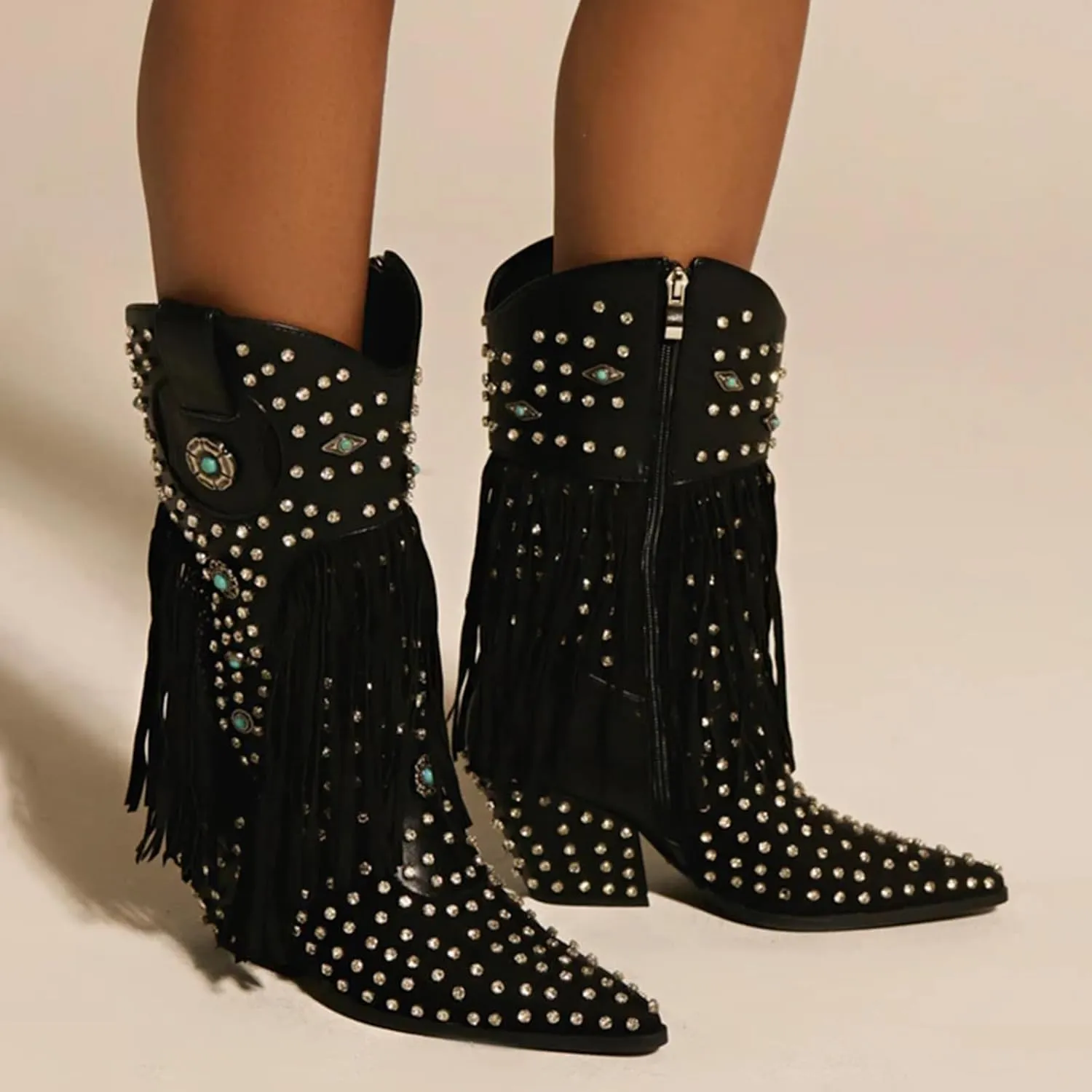 Fringe Cowboy Boots for Women, Sparkly Rhinestones Cowgirl Western Boots Pointed Toe Zipper Block Heel Mid Calf Dress Casual Party Festival Wedding Vacation Shopping Fashion Boots