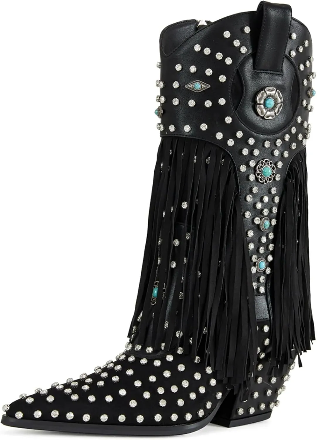 Fringe Cowboy Boots for Women, Sparkly Rhinestones Cowgirl Western Boots Pointed Toe Zipper Block Heel Mid Calf Dress Casual Party Festival Wedding Vacation Shopping Fashion Boots