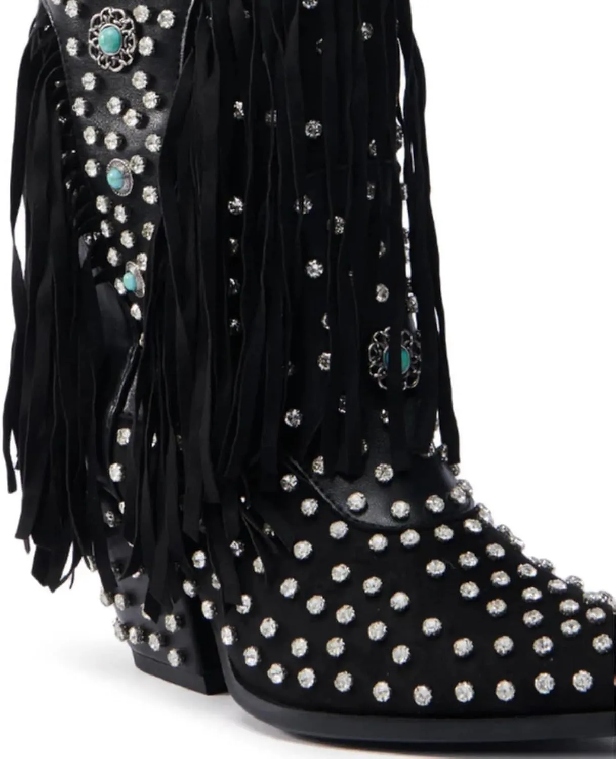 Fringe Cowboy Boots for Women, Sparkly Rhinestones Cowgirl Western Boots Pointed Toe Zipper Block Heel Mid Calf Dress Casual Party Festival Wedding Vacation Shopping Fashion Boots