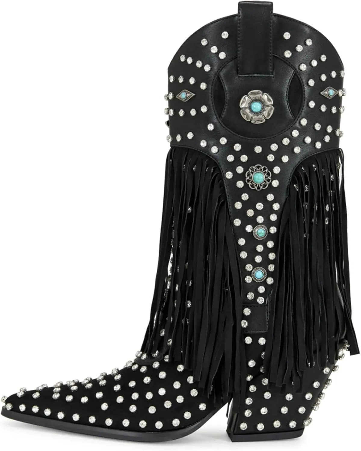 Fringe Cowboy Boots for Women, Sparkly Rhinestones Cowgirl Western Boots Pointed Toe Zipper Block Heel Mid Calf Dress Casual Party Festival Wedding Vacation Shopping Fashion Boots