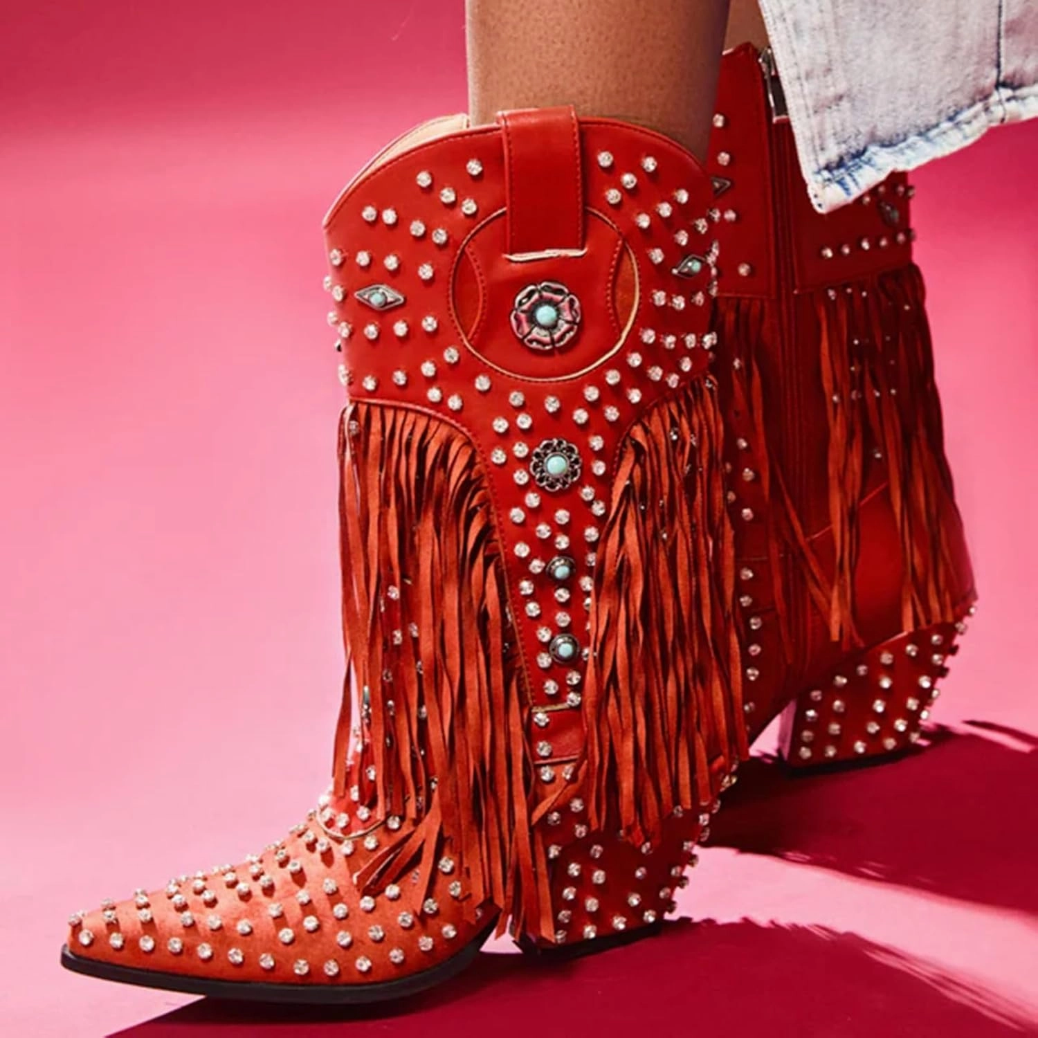 Fringe Cowboy Boots for Women, Sparkly Rhinestones Cowgirl Western Boots Pointed Toe Zipper Block Heel Mid Calf Dress Casual Party Festival Wedding Vacation Shopping Fashion Boots
