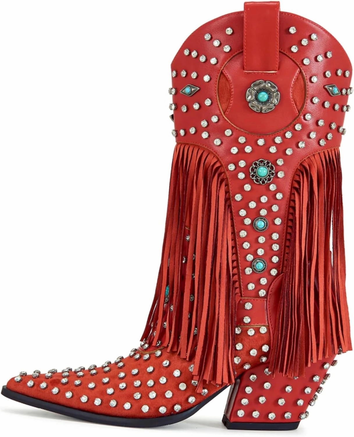 Fringe Cowboy Boots for Women, Sparkly Rhinestones Cowgirl Western Boots Pointed Toe Zipper Block Heel Mid Calf Dress Casual Party Festival Wedding Vacation Shopping Fashion Boots