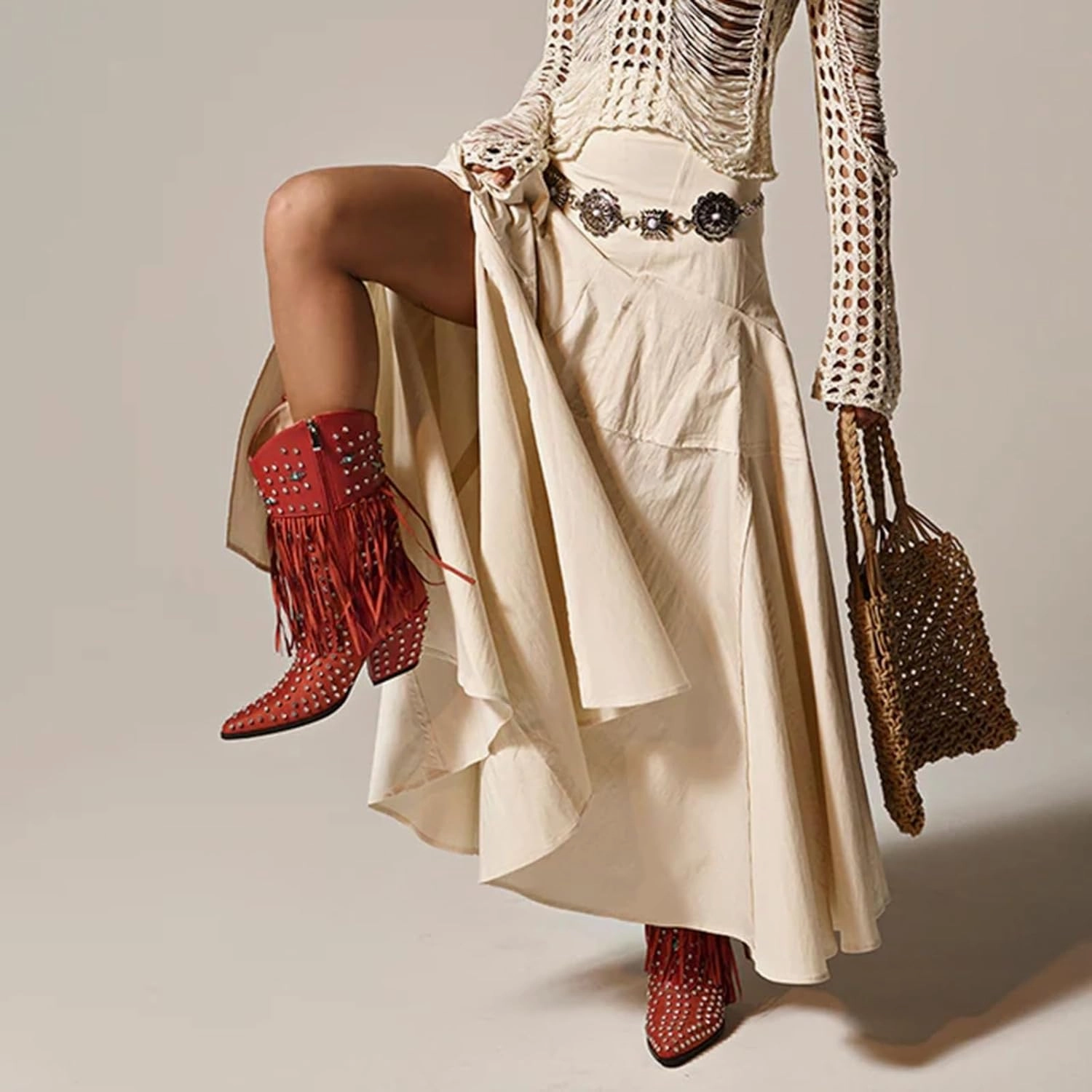 Fringe Cowboy Boots for Women, Sparkly Rhinestones Cowgirl Western Boots Pointed Toe Zipper Block Heel Mid Calf Dress Casual Party Festival Wedding Vacation Shopping Fashion Boots