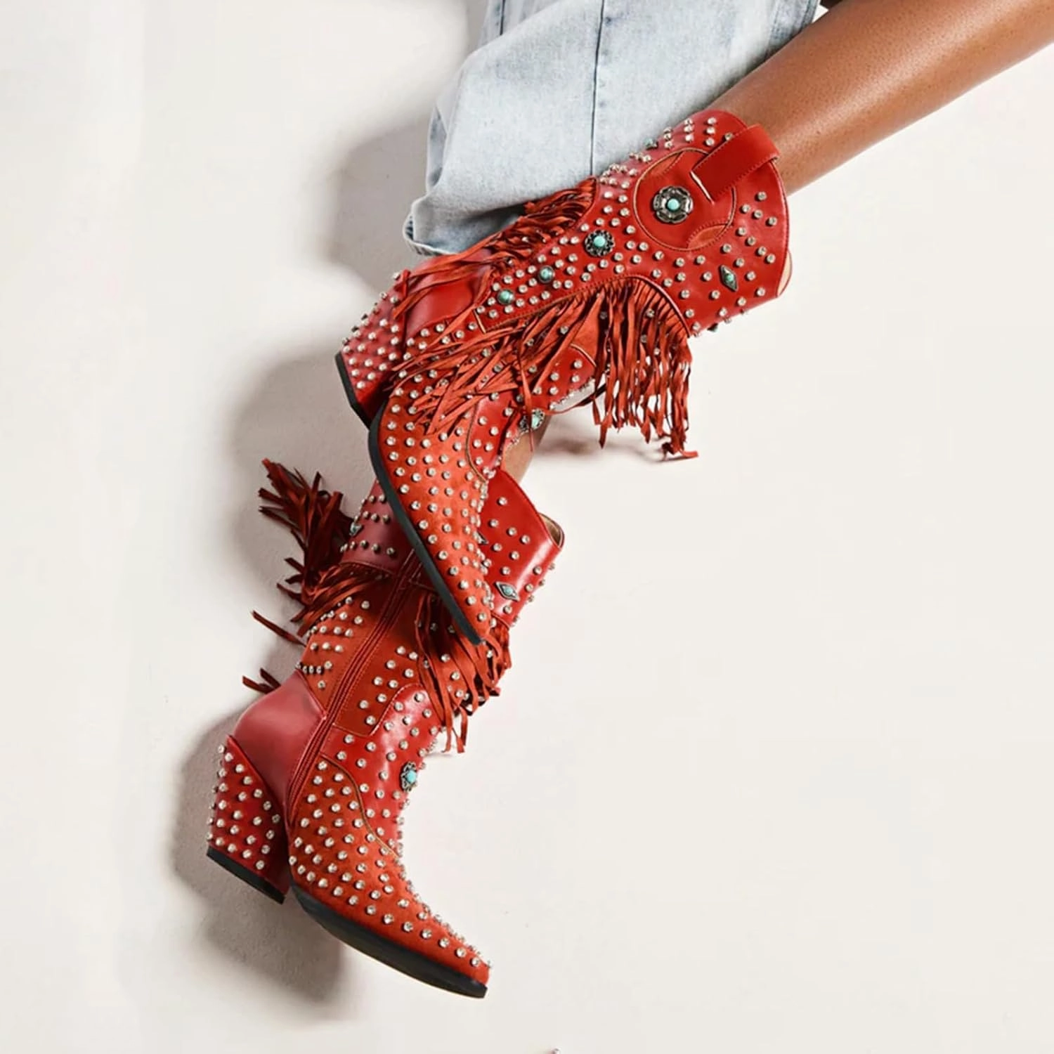 Fringe Cowboy Boots for Women, Sparkly Rhinestones Cowgirl Western Boots Pointed Toe Zipper Block Heel Mid Calf Dress Casual Party Festival Wedding Vacation Shopping Fashion Boots