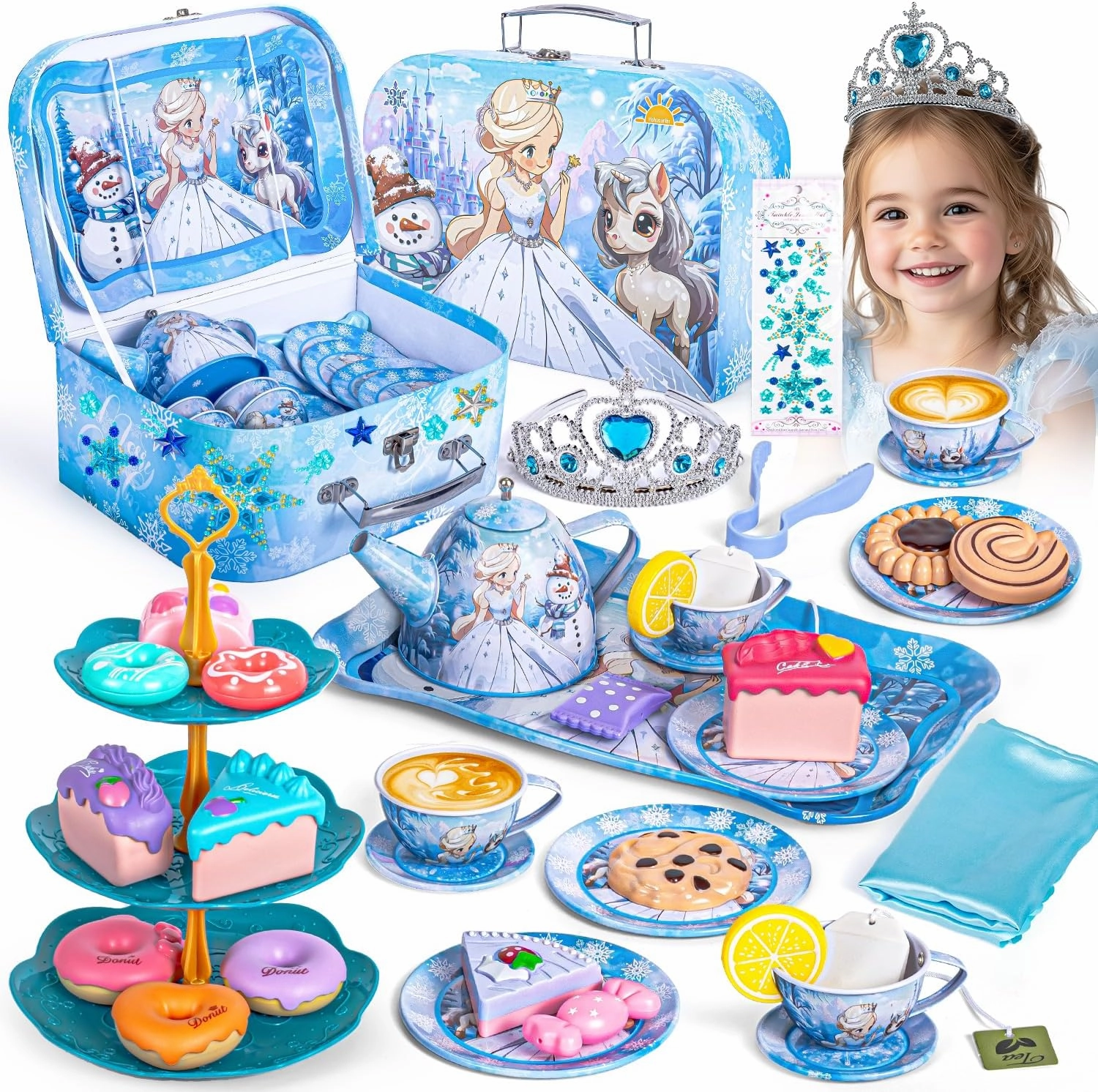 Frozen Tea Party Set for Little Girls, Princess Gift Toy, Kids Pretend Play Tin Tea Set with Teapot, Tea Cups, Food Playset & Carrying Case, Birthday for Girls Age 3 