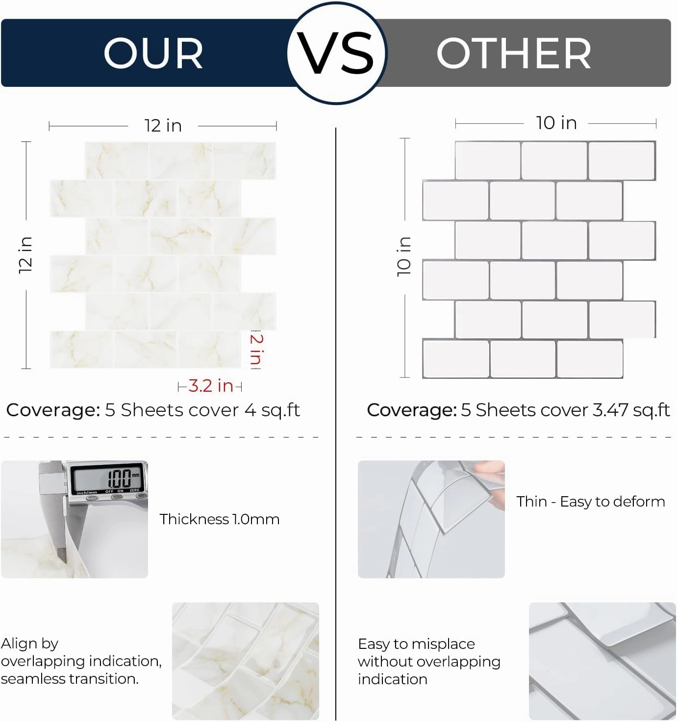 FunStick Marble Subway Tile Peel and Stick Backsplash for Kitchen 12"x12" White Gold Stick on Back Splashes for Kitchens Peel and Stick Wall Tiles for Bathroom Shower Tile Stickers Waterproof 5 Sheets