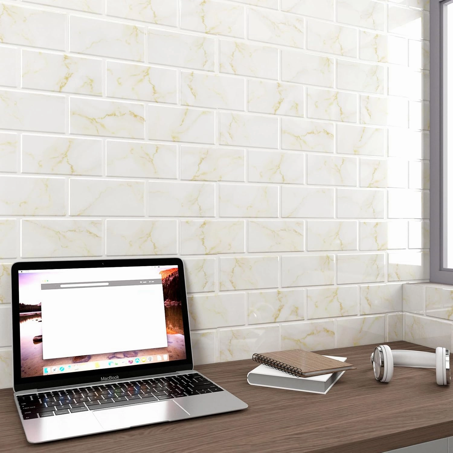 FunStick Marble Subway Tile Peel and Stick Backsplash for Kitchen 12"x12" White Gold Stick on Back Splashes for Kitchens Peel and Stick Wall Tiles for Bathroom Shower Tile Stickers Waterproof 5 Sheets