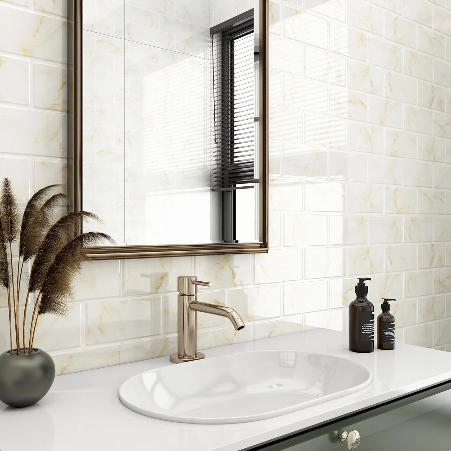 FunStick Marble Subway Tile Peel and Stick Backsplash for Kitchen 12"x12" White Gold Stick on Back Splashes for Kitchens Peel and Stick Wall Tiles for Bathroom Shower Tile Stickers Waterproof 5 Sheets