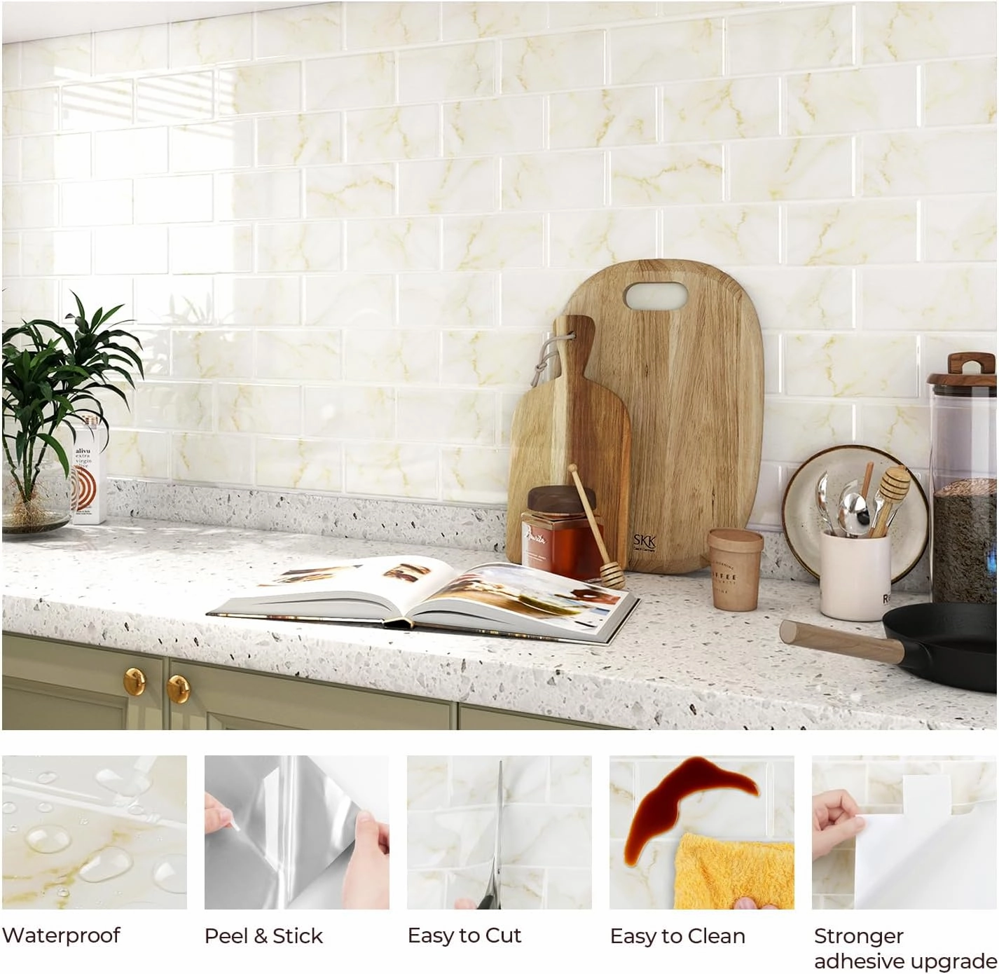 FunStick Marble Subway Tile Peel and Stick Backsplash for Kitchen 12"x12" White Gold Stick on Back Splashes for Kitchens Peel and Stick Wall Tiles for Bathroom Shower Tile Stickers Waterproof 5 Sheets