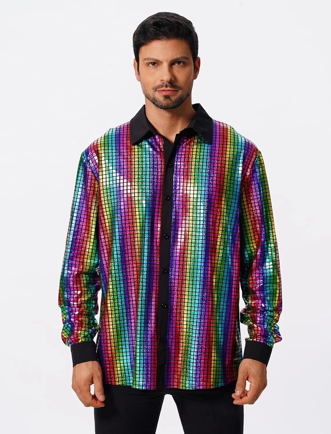 FYMNSI Mens Sparkly Sequin Button Down Shirts Long Sleeve Semi See Through 70s Disco Outfit Glitters Party Rave Tops Clubwear