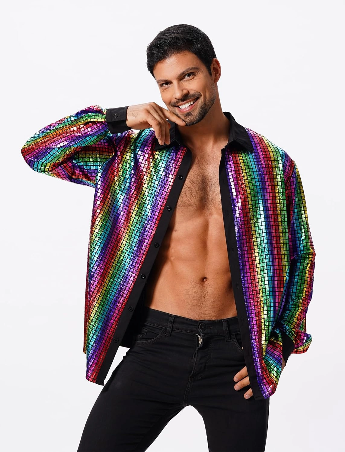 FYMNSI Mens Sparkly Sequin Button Down Shirts Long Sleeve Semi See Through 70s Disco Outfit Glitters Party Rave Tops Clubwear