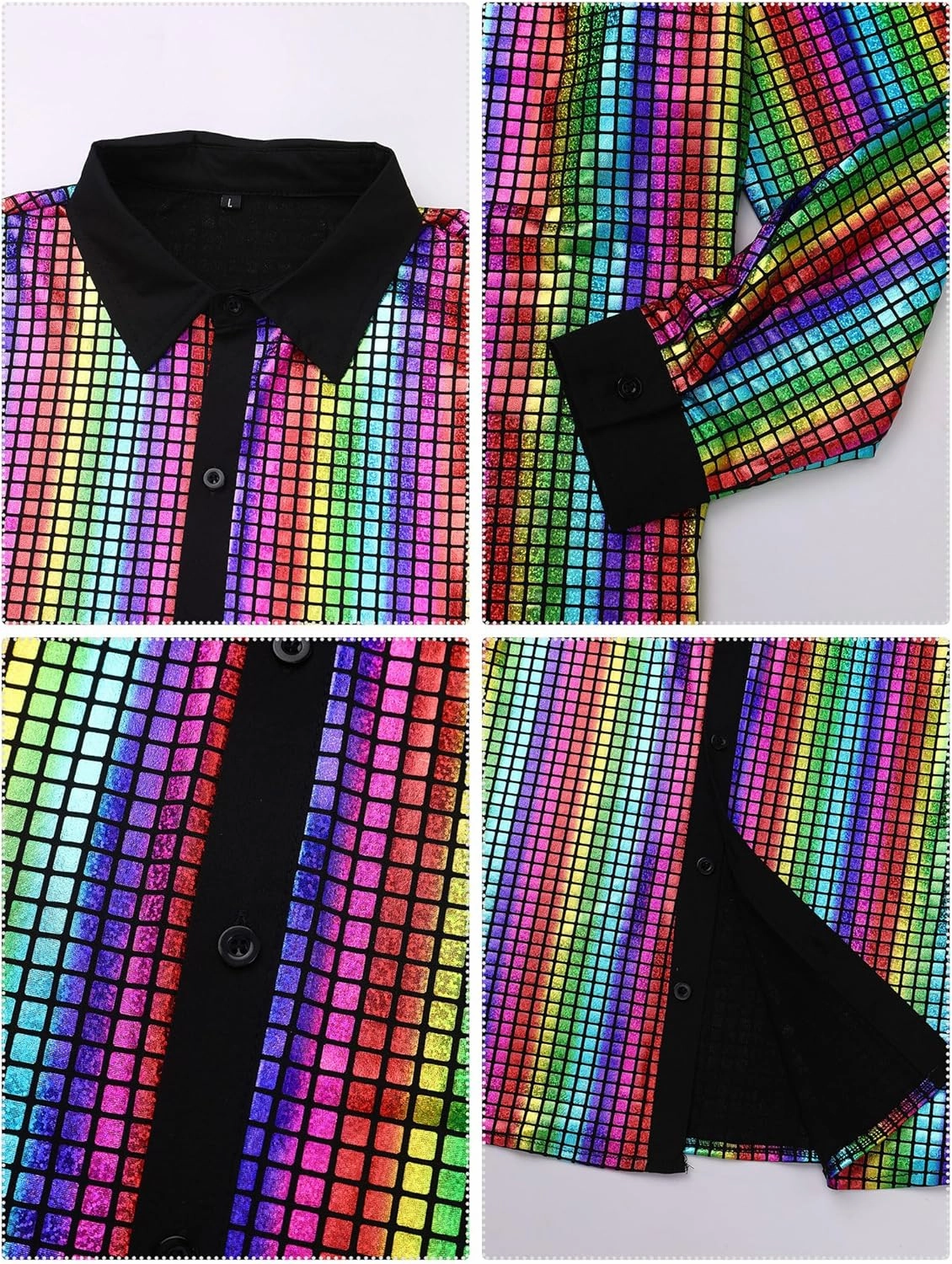 FYMNSI Mens Sparkly Sequin Button Down Shirts Long Sleeve Semi See Through 70s Disco Outfit Glitters Party Rave Tops Clubwear