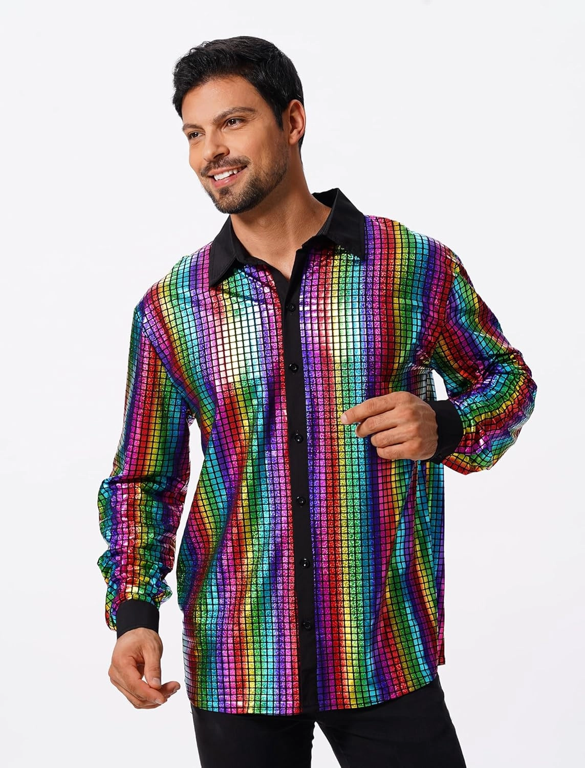 FYMNSI Mens Sparkly Sequin Button Down Shirts Long Sleeve Semi See Through 70s Disco Outfit Glitters Party Rave Tops Clubwear