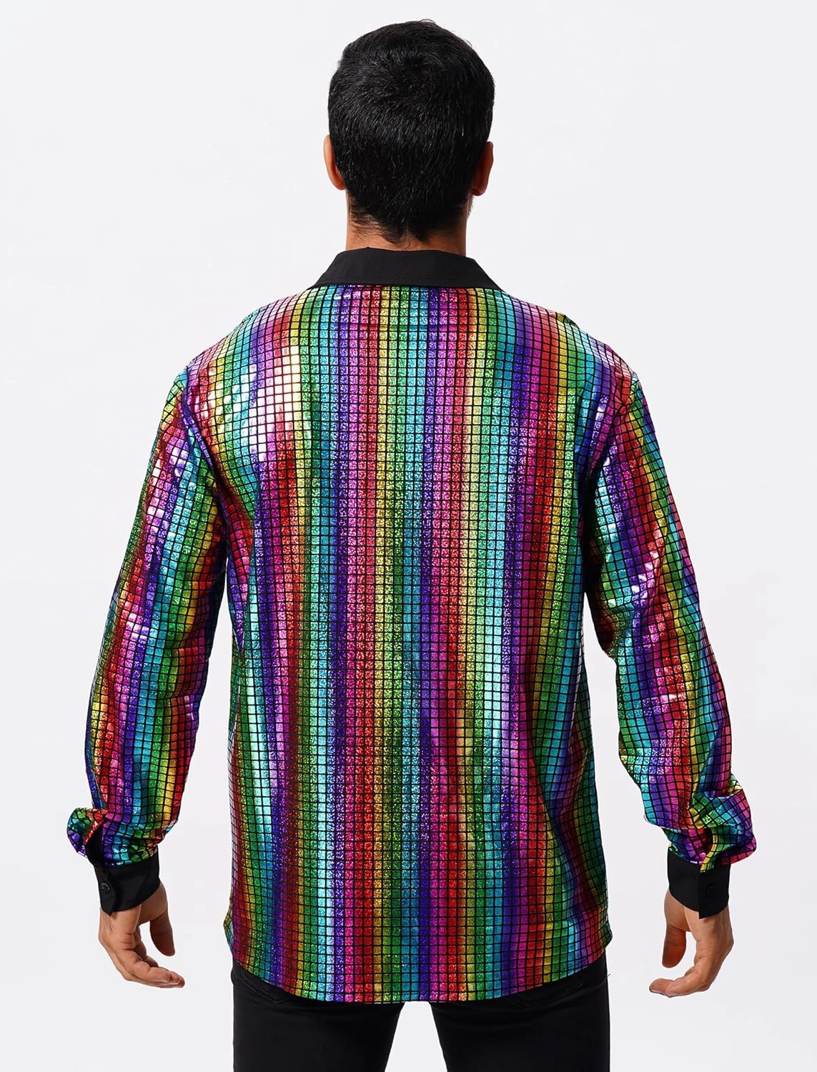 FYMNSI Mens Sparkly Sequin Button Down Shirts Long Sleeve Semi See Through 70s Disco Outfit Glitters Party Rave Tops Clubwear