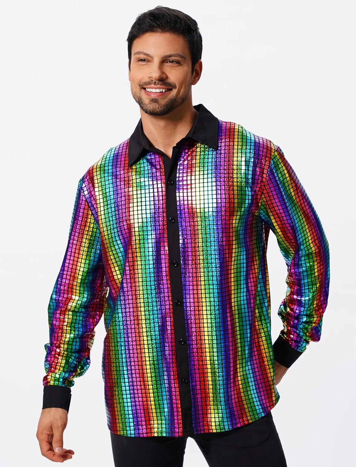 FYMNSI Mens Sparkly Sequin Button Down Shirts Long Sleeve Semi See Through 70s Disco Outfit Glitters Party Rave Tops Clubwear