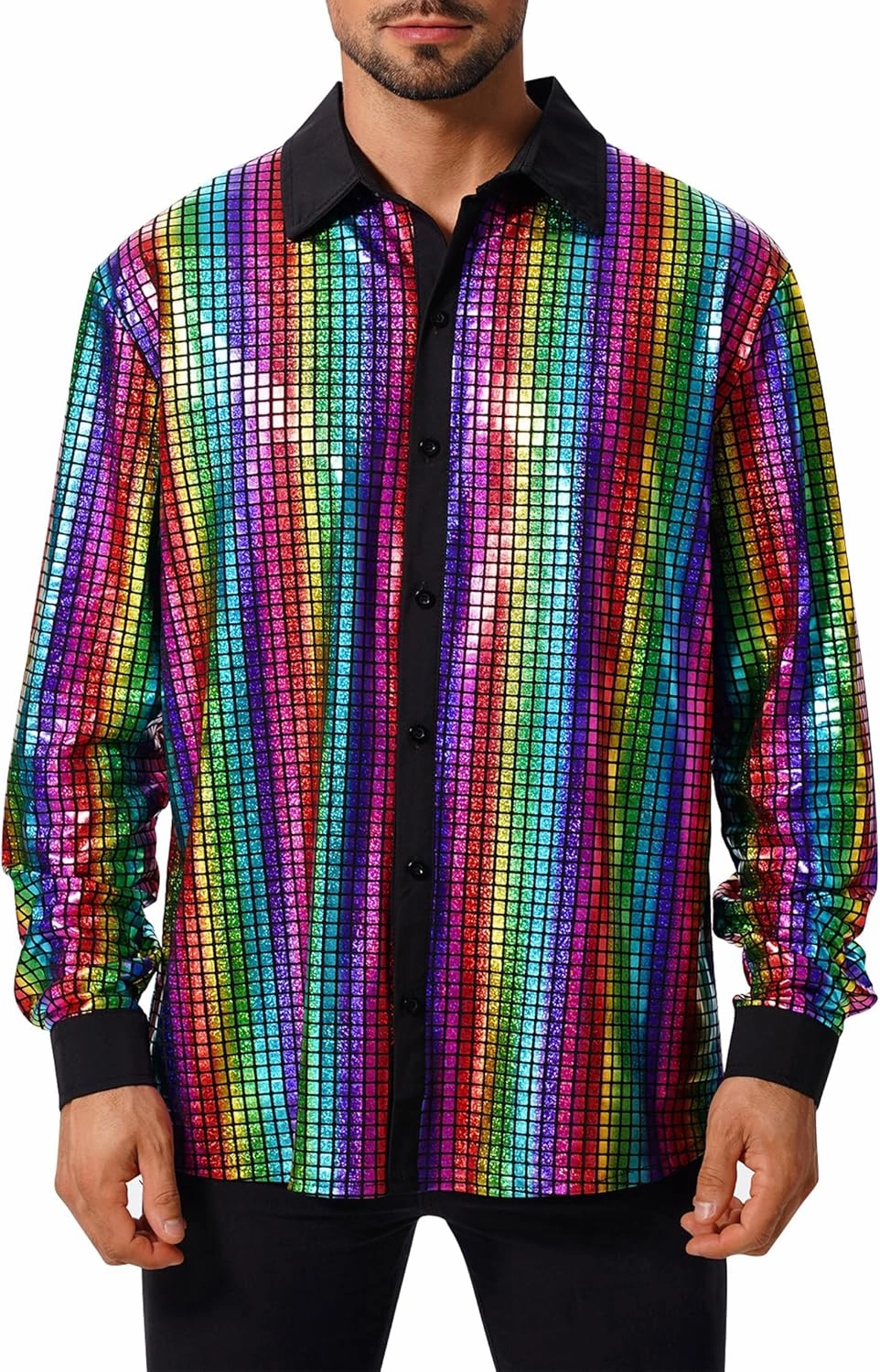 FYMNSI Mens Sparkly Sequin Button Down Shirts Long Sleeve Semi See Through 70s Disco Outfit Glitters Party Rave Tops Clubwear