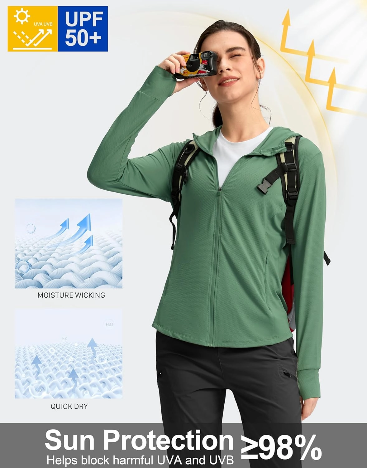 G Gradual Women's UPF 50  Sun Protection Hoodie Jacket with Ponytail Hole and 4 Pockets Lightweight Long Sleeve for Hiking