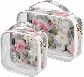 GAIGEO Floral Painted Flowers on Gray Clear Toiletry Bag Set, Clear Makeup Organizer Bag, Cosmetic Travel Accessories, 2 Pack