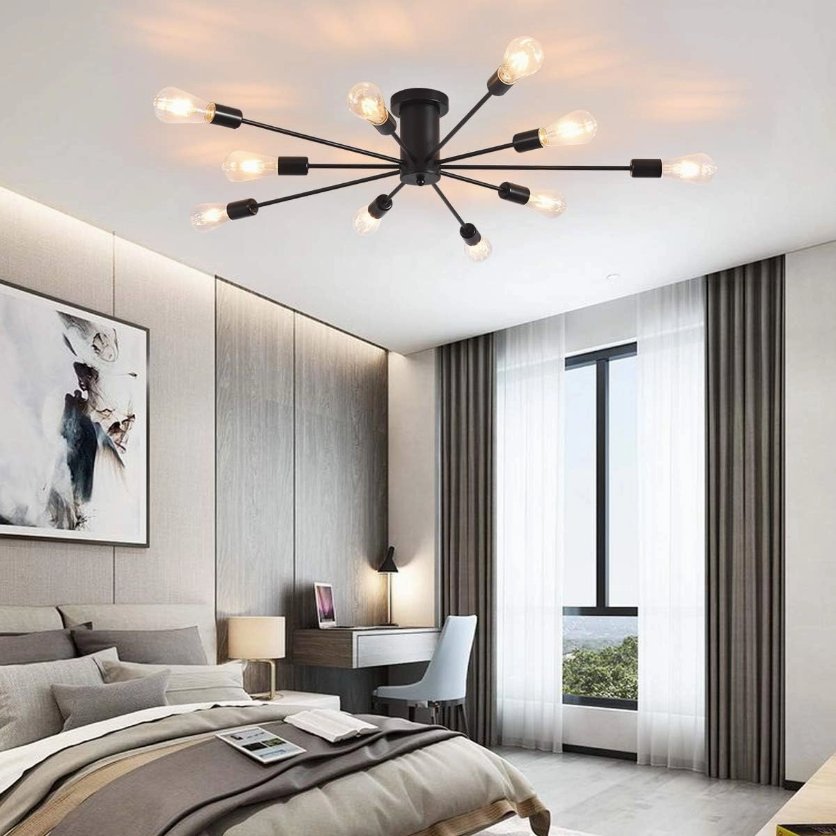 Garwarm Semi Flush Mount Ceiling Light, 10-Light Modern Black Sputnik Chandelier Industrial Ceiling Lamp for Kitchen Dining Room Living Room Bedroom Foyer Lighting Fixture
