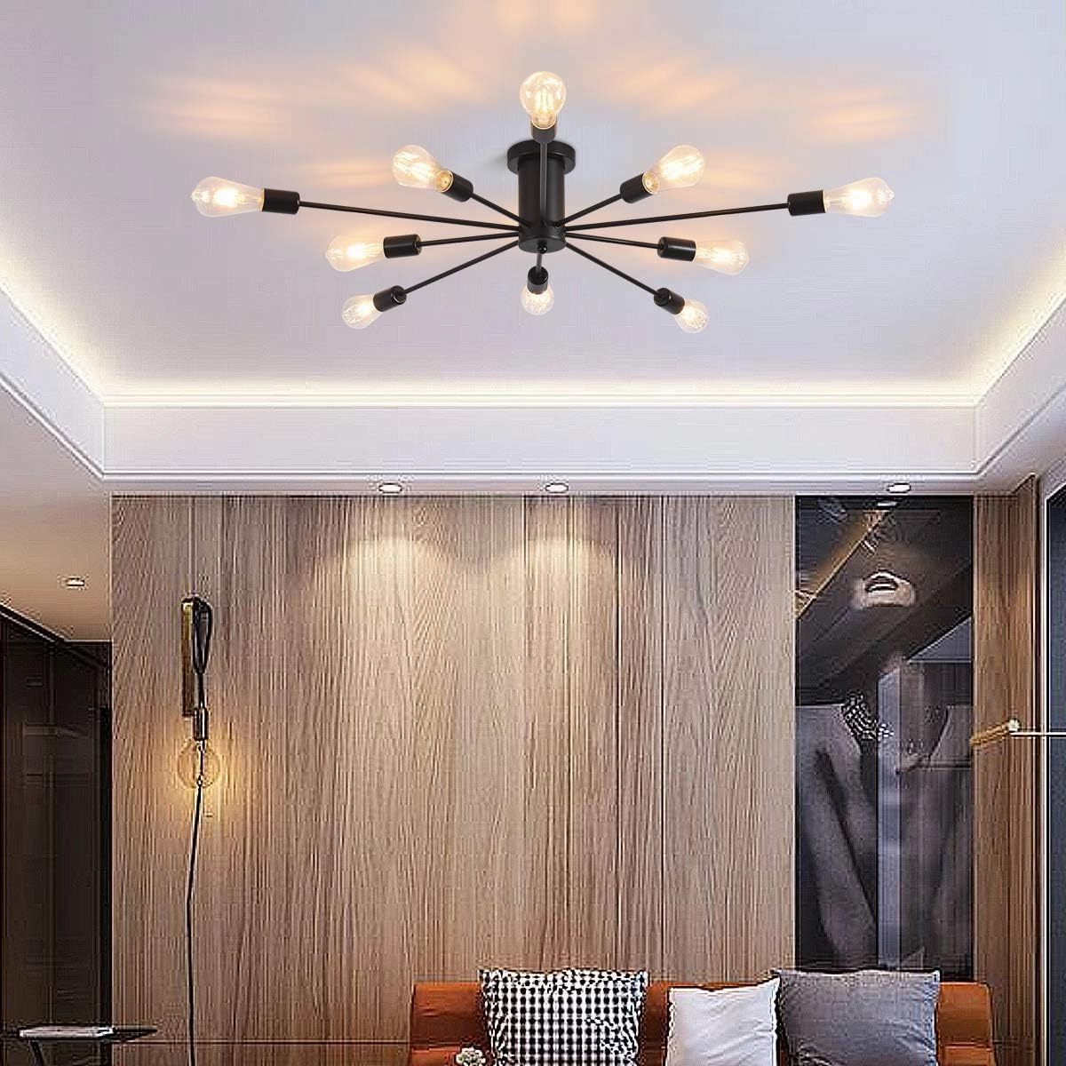 Garwarm Semi Flush Mount Ceiling Light, 10-Light Modern Black Sputnik Chandelier Industrial Ceiling Lamp for Kitchen Dining Room Living Room Bedroom Foyer Lighting Fixture