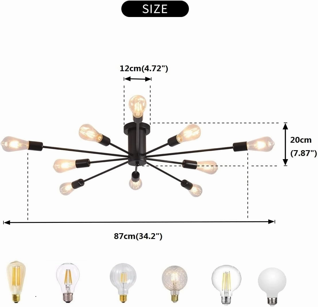 Garwarm Semi Flush Mount Ceiling Light, 10-Light Modern Black Sputnik Chandelier Industrial Ceiling Lamp for Kitchen Dining Room Living Room Bedroom Foyer Lighting Fixture